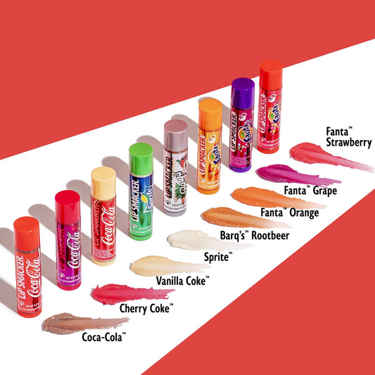 Collection of colorful lip balms with brand names on a white and red background