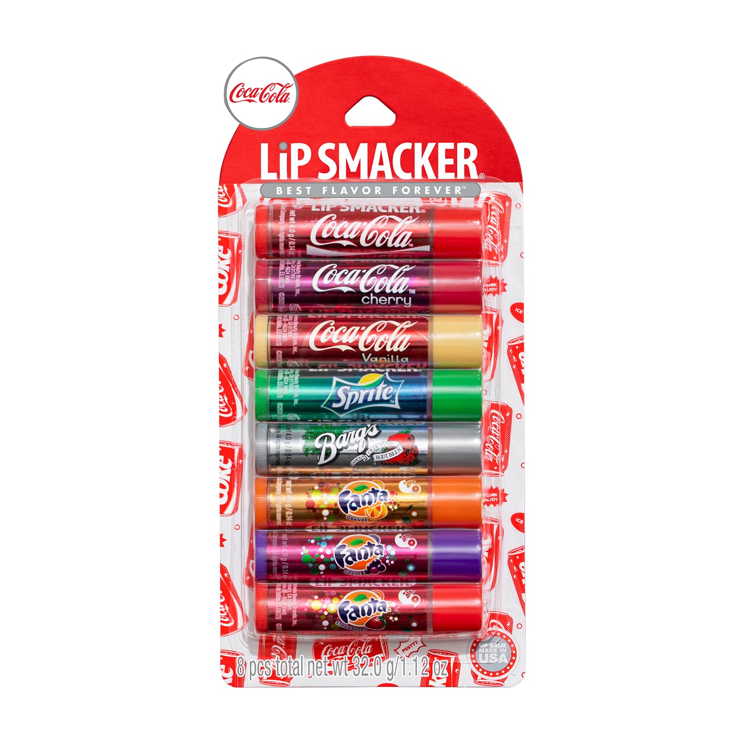 Pack of Lip Smacker lip balms featuring Coca-Cola and other brands on a white background