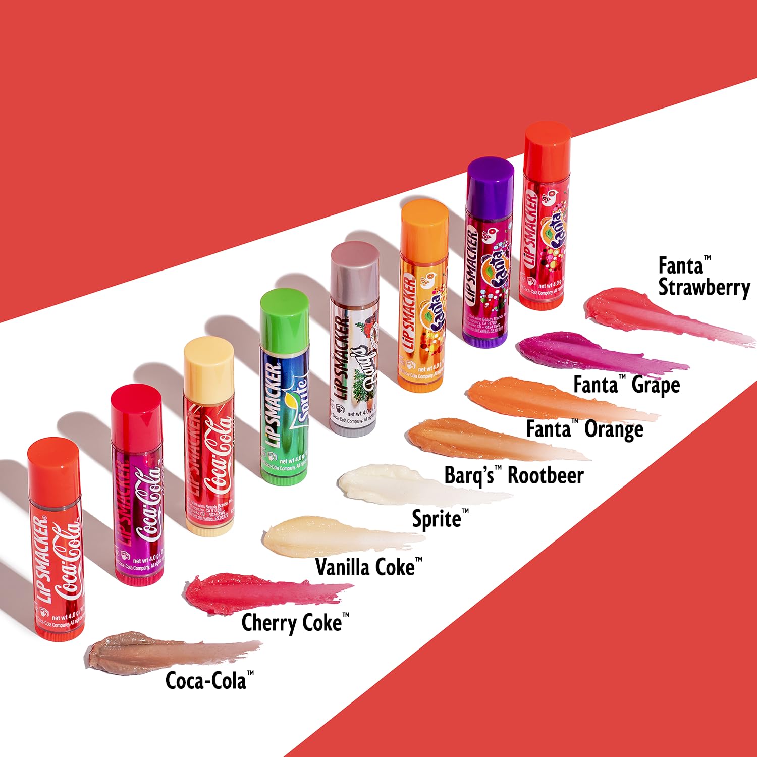 Collection of colorful lip balms with brand names on a white and red background